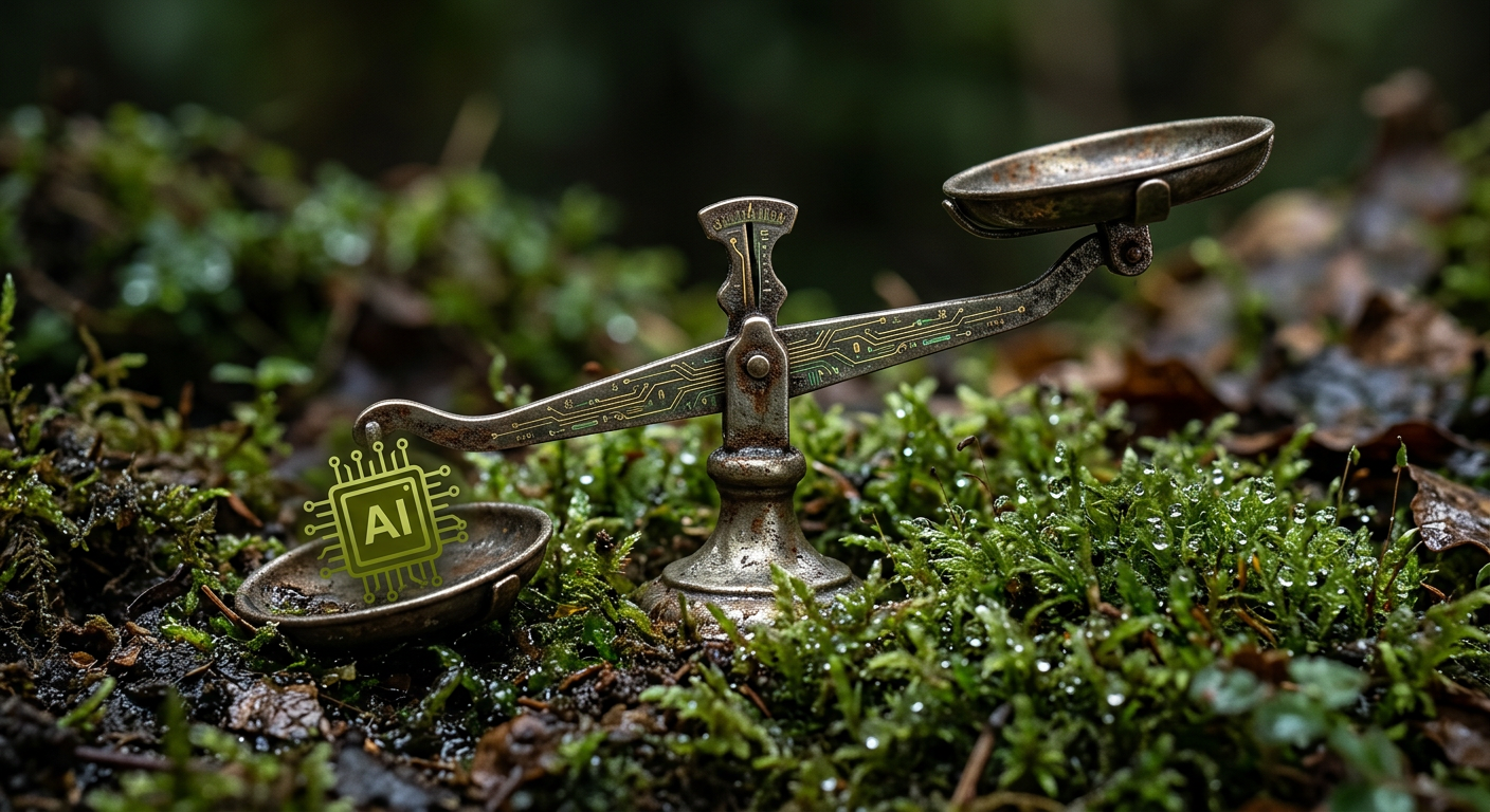 EU AI Act – Symbolbild: verwitterte Waage mit KI-Chip-Symbol auf einer Waagschale, im feuchten Moos liegend