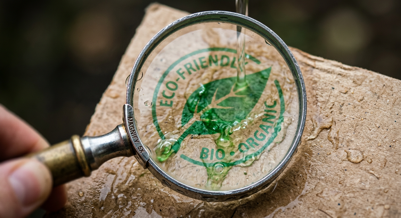 EmpCo Directive – environmental claims visual: magnifying glass over a rain-soaked "eco-friendly / bio organic" seal on kraft paper