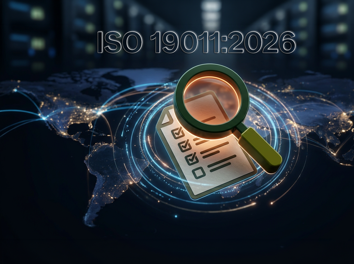 ISO 19011:2026 – audit management visual: magnifying glass over an audit checklist in front of a digitally connected world map