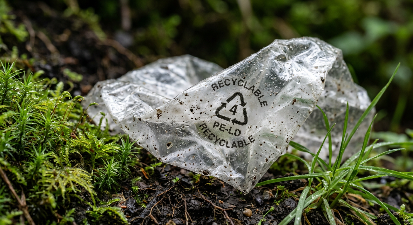 PPWR – Symbolbild Verpackungsrecht: zerknüllte, durchsichtige Kunststoffverpackung mit Recycling-Symbol PE-LD 4 auf feuchtem Waldboden zwischen Moos