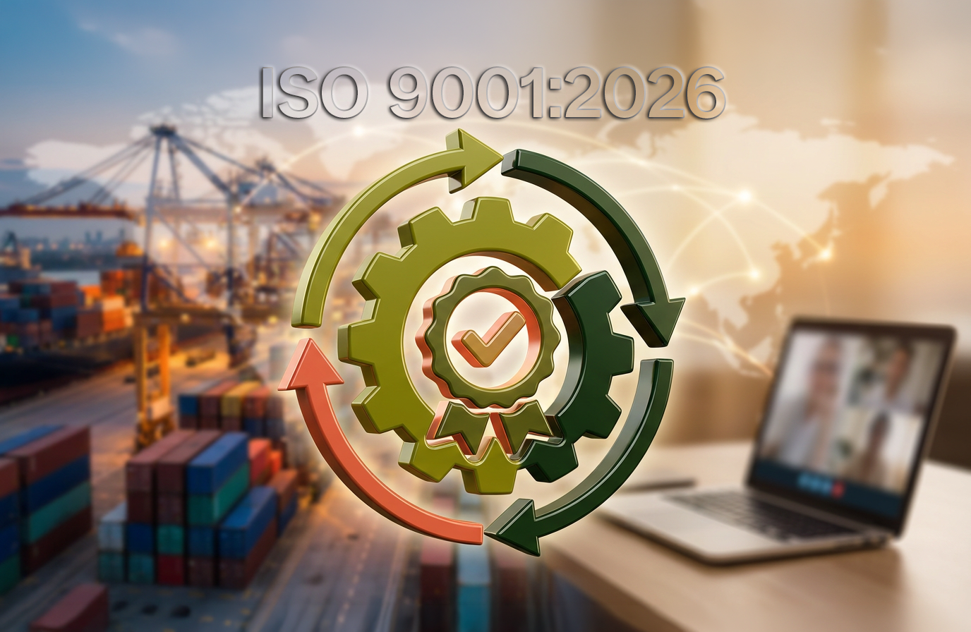 ISO 9001:2026 – Symbolbild Qualitätsmanagement: Zahnräder mit Qualitätssiegel vor Containerhafen und hybrider Arbeitswelt
