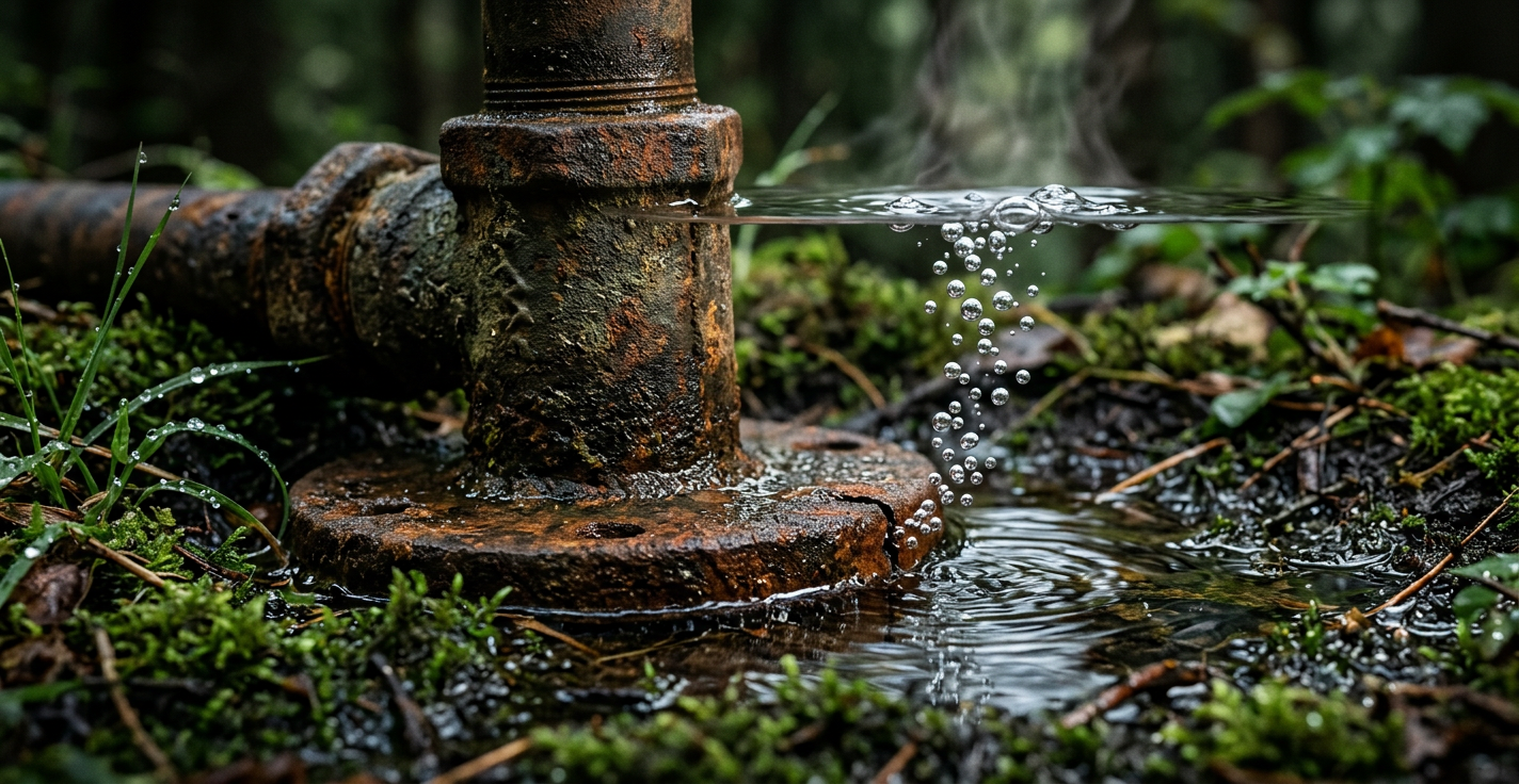 EU Methane Regulation – symbolic image: rusty, leaking pipe releasing gas bubbles into a puddle on the forest floor